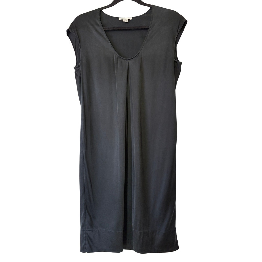 Vince Silk Shift Dress V-Neck Pleated Front Cap Sleeve Black Women's M EUC